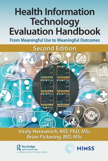 Second-edition cover of Health Information Technology Evaluation Handbook, with HIMSS and Routledge marks